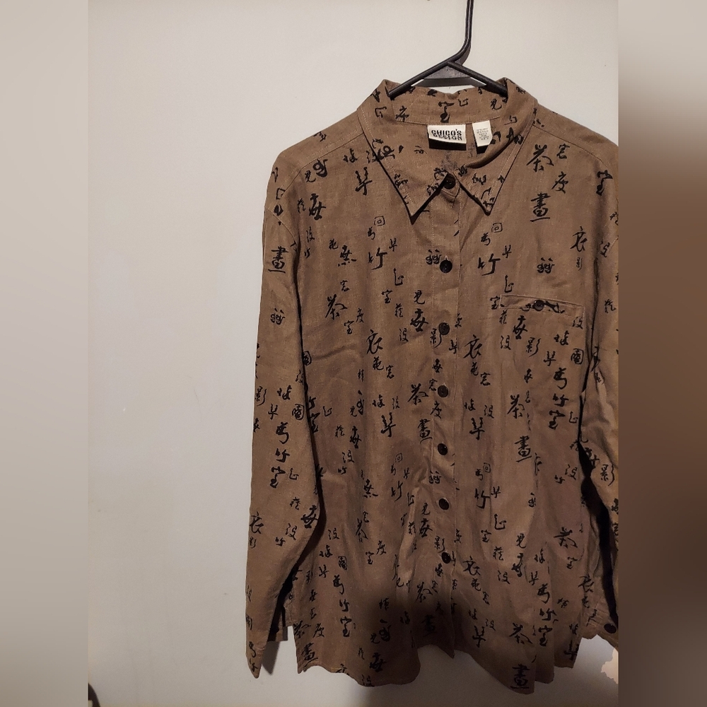 Vintage Chico's Design Button Down Shirt Asian Linen Blend Calligraphy Size 3
